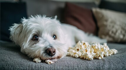 Cute white dog lying on sofa and eating popcorn