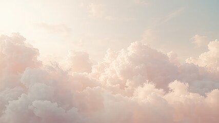 Gentle light dances across a soft tapestry of voluminous cumulus formations, creating a peaceful and dreamy celestial landscape.