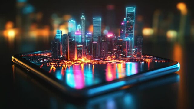 Futuristic city on a smartphone, where vibrant lights create a breathtaking holographic skyline. This tech hub represents urban innovation limitless potential of future city living and connectivity
