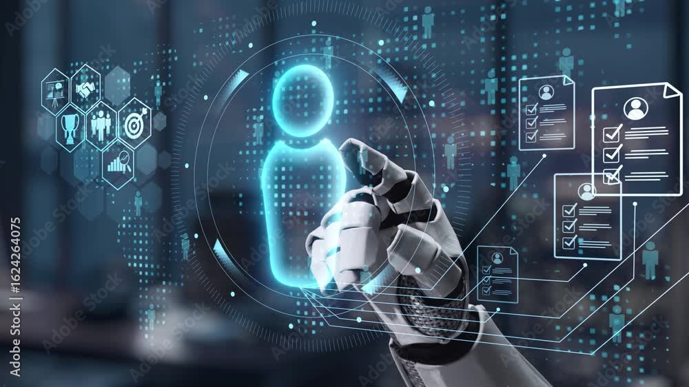 Poster a robotic hand engages with a vibrant holographic interface, showcasing user information and analyti