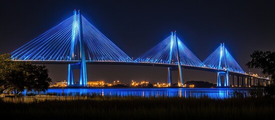 Fototapeta premium Illuminated cable-stayed bridge at night, captivating waterscape and striking skyline