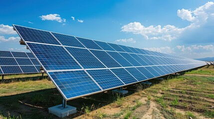 A long row of solar panels in a field under a bright blue sky with scattered white clouds above them