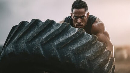 Determined athlete flipping heavy tire during intense outdoor workout