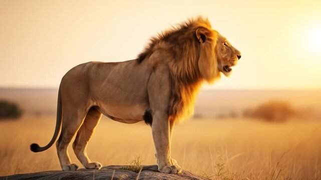 Majestic lion standing proudly on a rock against a warm, golden sunset backdrop.