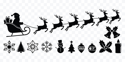 Naklejka premium Black and White Christmas Silhouettes Santa Sleigh and Reindeer Festive Decorations for Holiday Designs and Crafts