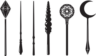 Collection of Black Silhouette Magical Wands and Staffs on White Background vector illustration