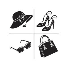 Set of vector fashion accessory icons including shoes bags and clothing silhouettes