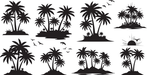 Fototapeta premium Collection of Silhouette Palm Tree Islands and Flying Birds on White Background tropical