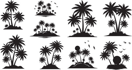 Tropical Island Silhouettes with Palm Trees and Sun beach