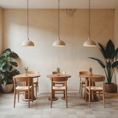 Cozy Cafe Interior: A welcoming cafe interior featuring wooden tables, chairs, pendant lights, and vibrant greenery, creating a warm and inviting atmosphere.