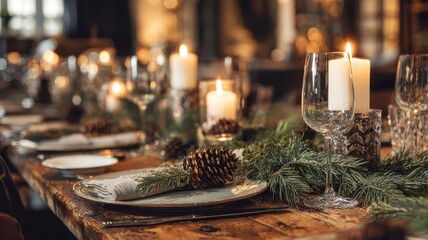 Christmas table setting with burning candles creating warm atmosphere