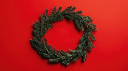 Christmas wreath made of fir branches lying on red background