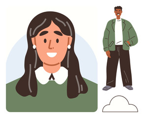 Cheerful woman with dark hair and collared sweater alongside a casual, smiling man in green jacket and pants. Ideal for diversity, friendship, fashion, individuality, positivity, relationships