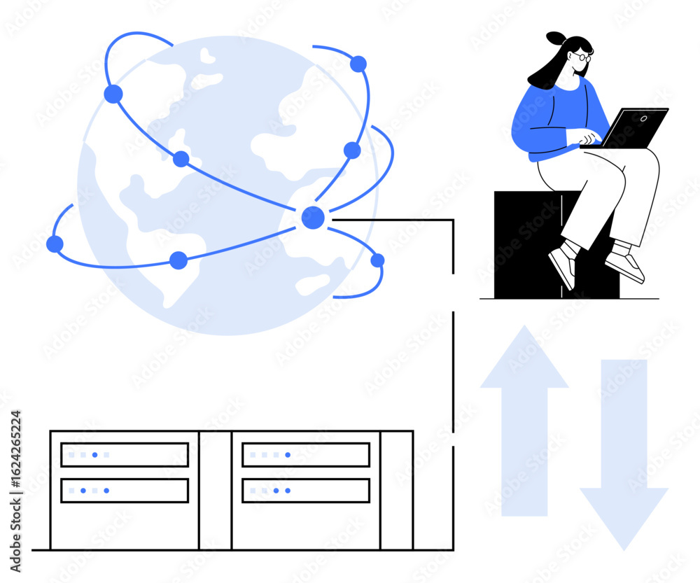 Poster woman working on laptop connected to a global cloud network with data servers. depicts global collab