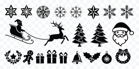 Christmas Holiday Vector Icon Set Santa Sleigh Reindeer Tree Snowflakes and Ornaments Perfect for Holiday Designs