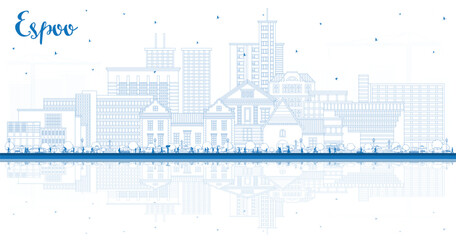 Obraz premium Outline Espoo Finland city skyline with blue buildings and reflections. Espoo cityscape with landmarks. Business travel and tourism concept with modern and historic architecture.