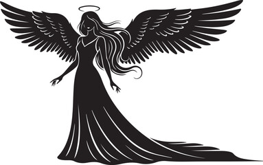 Fototapeta premium Silhouette Of Angel With Large Wings Halo And Flowing Gown divine