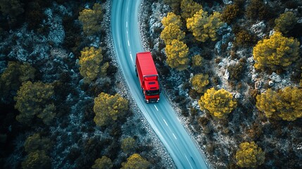 A red truck drives along a winding road surrounded by dense yellow and green trees in a rocky, forested landscape.