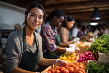 Female volunteers engage in community service at a food center, organizing fresh produce for local families in need during the afternoon