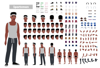 Sport man Cartoon 2d man character constructor sets for full body and head rigging design vector	