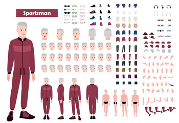 Sport man Cartoon 2d man character constructor sets for full body and head rigging design vector	