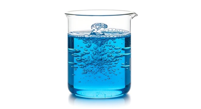 A single, clear glass beaker filled with a bubbling blue liquid, representing a scientific experiment or discovery.