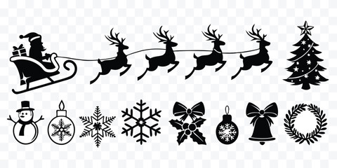 Festive Christmas Silhouette Collection Featuring Santa Reindeer Tree and Holiday Icons Perfect for Winter Season