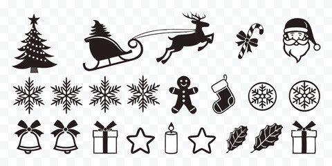 Festive Christmas Holiday Season Vector Icon Collection Perfect for Greeting Cards and Decorations in Black and White
