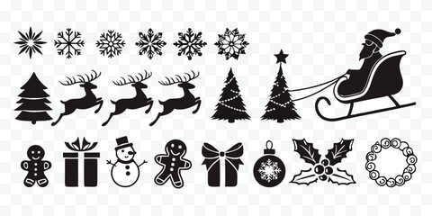 Christmas Silhouette Vector Set with Santa Sleigh Reindeer Trees and Festive Elements for Holiday Decorations and Designs