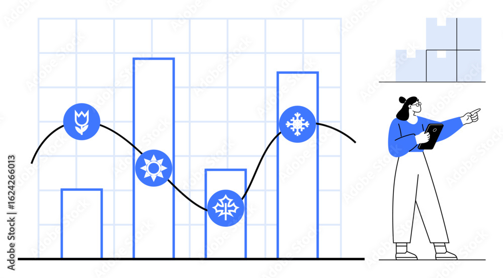 Poster bar chart with seasonal icons, line graph overlay, and analyst using tablet. ideal for data analysis
