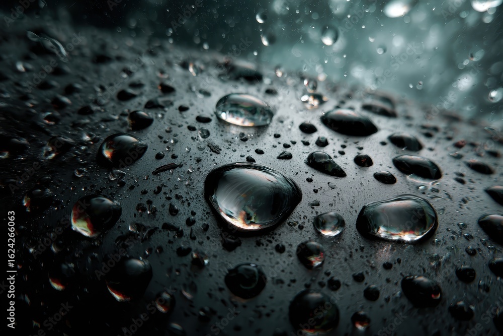 Poster realistic close-up of water drops on a black glass surface reflecting light in various hues creating