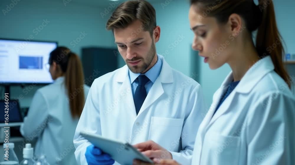 Poster two scientists studying data on a tablet in a laboratory setting, possibly reviewing research findin