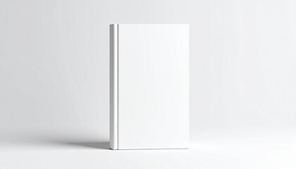 A blank, white book stands upright against a white background, casting a soft shadow.