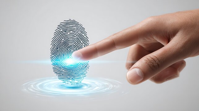 A realistic image of a human finger about to touch a glowing, holographic fingerprint icon floating in the air.