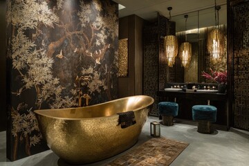 Luxurious gold bathtub in a modern spa-like bathroom.  Dark, opulent decor with a wallpaper featuring birds and trees