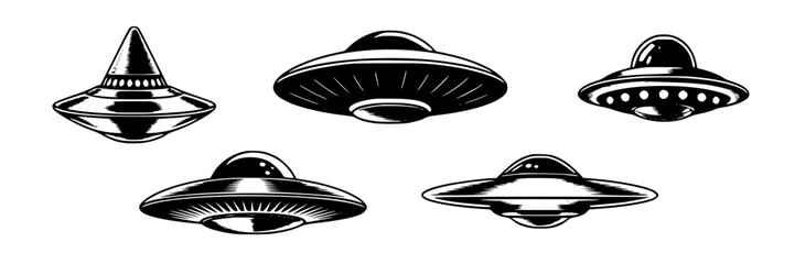 Monochrome vector set of six UFO illustrations. Collection of flying saucers in various shapes, featuring circular and conical designs with lights and details. Sci-fi, alien, and space-themed design e