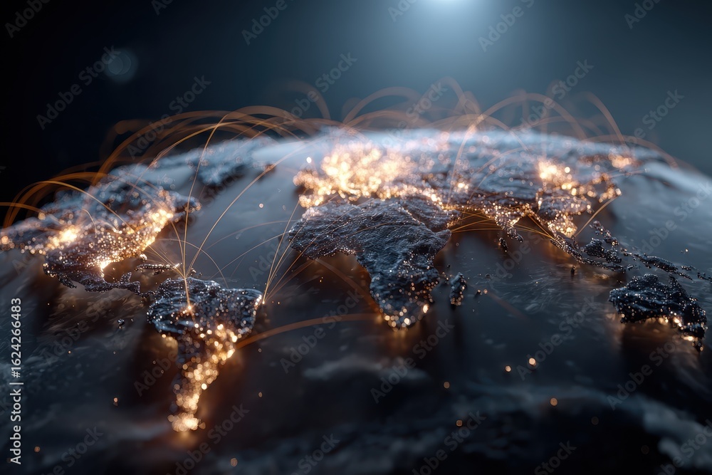 Aufkleber global connectivity represented through illuminated world map with glowing connections between major