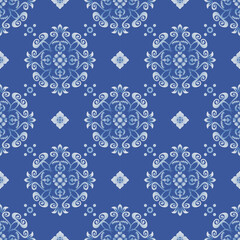 Blue and White Damask Pattern. Seamless ornate ethnic design with vintage floral and scroll motifs. Ideal for elegant textiles, apparel and decor.