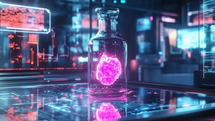 Bright glowing heart-shaped structure inside glass vial stands on advanced lab platform, symbolizing AI-driven biotechnology, futuristic medical analysis, and cutting-edge digital experimentation - Powered by Adobe
