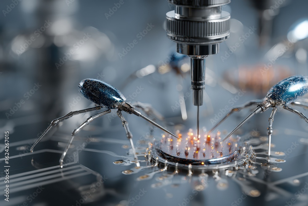 Poster exploration of nano robots performing intricate tasks in a laboratory environment aimed at advancing