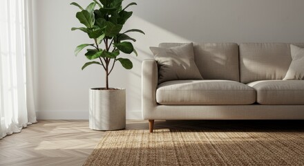 Minimalist Living Room Design with Cozy Sofa, Indoor Plant, Natural Light, and Textured Area Rug on Wooden Floor