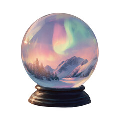 Snow globe with aurora borealis, snowy mountains