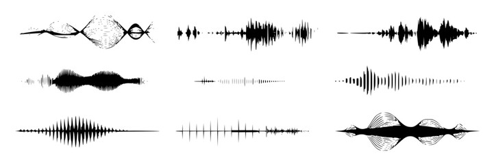 Set of nine black and white vector sound wave illustrations. Collection of diverse audio waveform graphics, music vibrations, voice and speech patterns. Design elements for podcast, music app, or soun