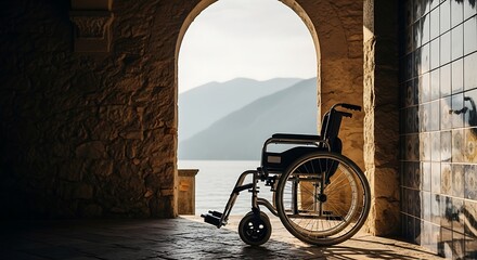 Wheelchair in an Archway Overlooking a Mountain Lake, Abandoned Wheelchair on a Stone Terrace with Serene Lake View