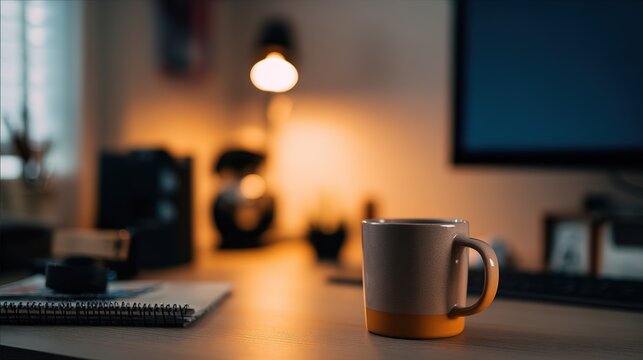 A developer's workstation with an empty notebook and coffee mug under soft desk lamp lighting.