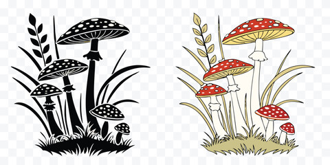 Amanita Mushroom Cartoon Illustration in Monochrome and Color Vintage Style Fungi and Grass Vector Design Elements
