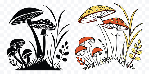 Whimsical Mushroom Illustration in Black and White and Color Featuring Toadstools and Grass a Vector Graphic for Nature Lovers and Forest Themed Designs © design png
