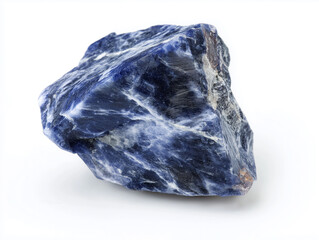 Obraz premium Raw sodalite mineral chunk with visible white streaks. Captured in macro detail against a white background.