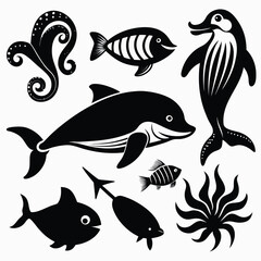 Collection of black and white marine animal icons on a white background