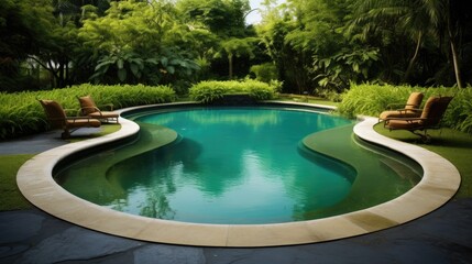 Swimming pool in the garden with sun loungers and chair